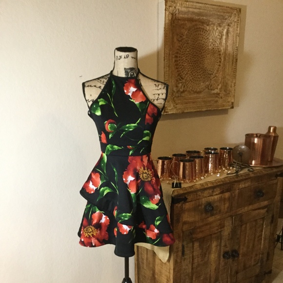 Tropical Floral Papaya Summer Sundress Black & Red - Picture 3 of 7